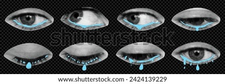 A pack of rainbow eyes cut out as if from a magazine. An isolated look. Vector halftone with tears elements for collage with different emotions. Frame to frame animation 