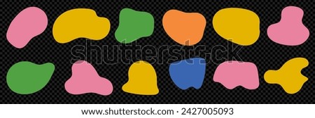 A kit  of abstract simple rounded liquid blob shapes. Vector trendy illustration on transparent bg as a png. Irregular random design rounded elements 