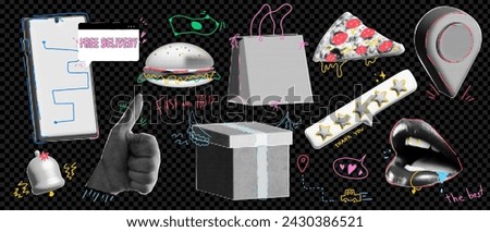 Set of collage elements theme of delivery, in halftone with doodle illustration style with hand and mouth and package box aand local business pin, Trendy pop art