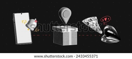 Collage of costumer delivery map. Halftone elements in the dark pop art style. Open mouth with pizza and phone with bell notification and box with pin. Vector zine