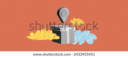 Collage of delivery. Box with geo local pin in the clouds. Cutout halftone elements with doodle textures on orange paper. Vector trendy illustration with contemporary design