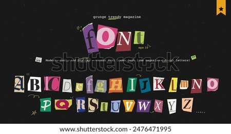 Set of magazine cutout alphabet font. Cut letter. Typography type from newspaper. Pop art clipping word. Vector crime grunge illustration with ripped and torn elements. 