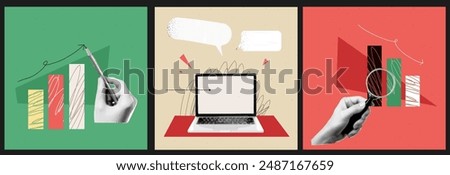 Set of three square illustration of the theme of finance. Down and up chart with collage halftone hand with pencil and magnifying glass. Laptop workspace. Vector trendy abstract popart banner. 