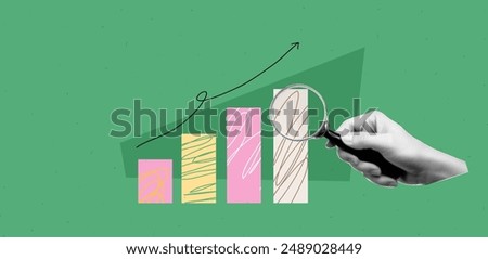 Geometric abstract bg with halftone collage elements. Hand hold magnifying glass with up chart. Green and pink. Vibrant banner. Vector illustration in bright and bold trendy popart style