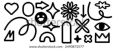 Set of y2k pixel icons. Game abstract elements. Retro trendy brutal style. Smile face and modern collage sticker and arrows. Vintage contemporary frames. Bold and groovy. Vector black elements