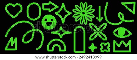 Set of y2k pixel icons. Game abstract elements. Retro trendy brutal style. Smile face and modern collage sticker and arrows. Vintage contemporary frames. Bold and groovy. Vector green elements  