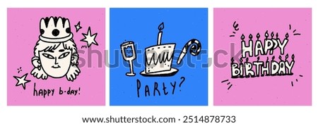 Happy birthday square cards. Funny illustrations with quirky girl with crown and candles and cakes.. Vector textured illustration. Paper noise bg for ig. Pink and blue. 