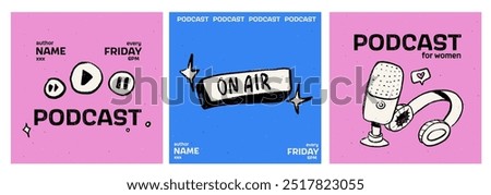  Set of 3 square ig post or Podcast cover. Radio and voice. Vector illustration with pencil texture. Doodle record music icons. Blue and pink colors