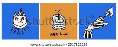 Happy birthday square cards. Funny illustrations with quirky cat in hat and hands with plate and cake with candle. Vector textured illustration. Paper noise bg for ig. Orange and blue. 