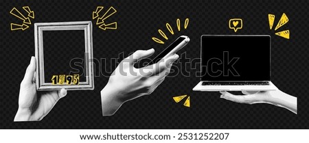 Halftone Vector Collage Illustration of Hand Holding Phone, Laptop and Frame. Digital Art with Pop Design Concept.