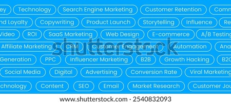 Business conference banner layout featuring technology and marketing themes. Highlights search engine marketing, customer retention, and product launch strategies.