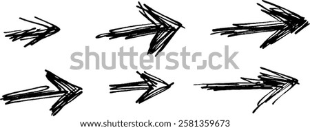 A collection of hand-drawn black arrows pointing to the right, varying in size and style, suitable for graphic design or illustration purposes.