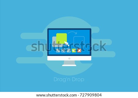 Drag and drop banner. Computer with the program and site configuration settings functions. Vector flat illustration