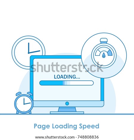 Page loading speed banner. Computer with clock and load optimization check. Vector flat illustration