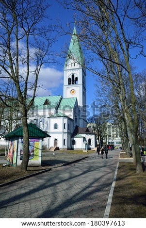 KALININGRAD, RUSSIA - MARCH 7, 2014: Puppet Theatre, in the past Queen Louise Memorial Church, building was designed by the architects Friedrich Heitmann and Franz Krah