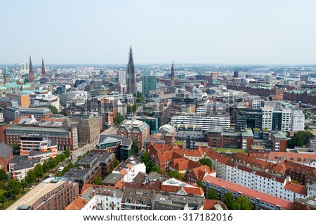 HAMBURG, GERMANY - AUGUST 14, 2015: Aerial view on Hamburg from St. Michael\'s Church, is the second largest city in Germany
