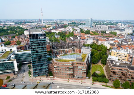 HAMBURG, GERMANY - AUGUST 14, 2015: Aerial view on Hamburg from St. Michael\'s Church, is the second largest city in Germany