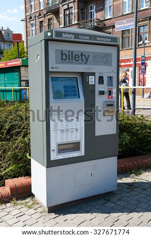 POZNAN, POLAND - AUGUST 20, 2015: Public transport ticket vending machine in the street