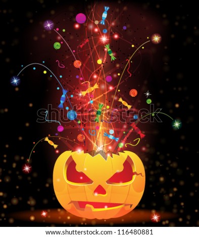  Exploding Jack O'Lantern with sparks, candy and confetti. Halloween fireworks