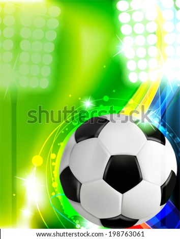 Soccer ball illuminated by spotlights on a green background. Abstract sports background.