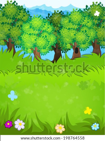 Trees, flowers and butterflies in the meadow. Summer landscape nature.