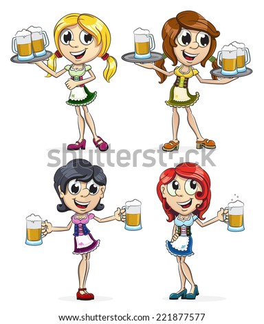  German Oktoberfest girls in traditional costume with a glasses of beer on white background. Cheerful cartoon characters