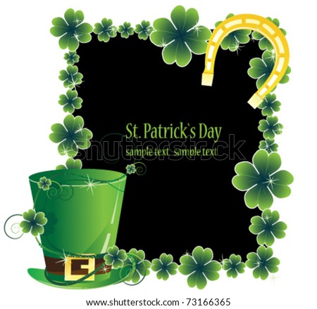 Leprechaun hat and a horseshoe on the clover frame. St. Patrick's Day attributes.