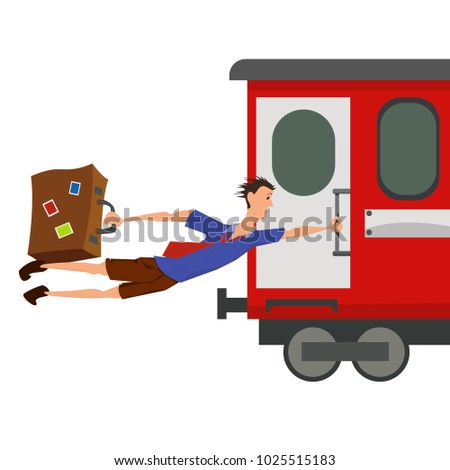 funny picture, illustration a Man with a suitcase grabbed the handle of a train and holds on to it. Vector. Perfectly relates to the theme of tourism.