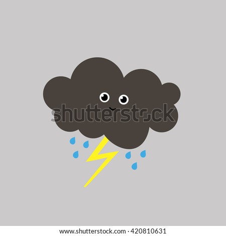 Cartoon funny drawing of grey cloud happy character with rain drops and yellow lightning isolated on grey background / vector eps 10 / icon 