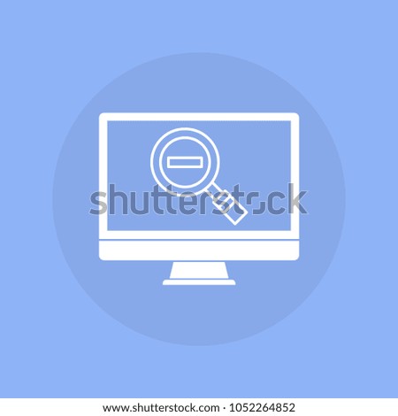  Computer with magnifying glass minus icon. Vector illustration