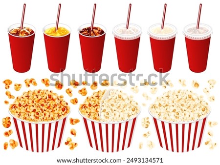 popcorn and drinks. Salt, Caramel, Half  Half. Cola, iced coffee, orange juice