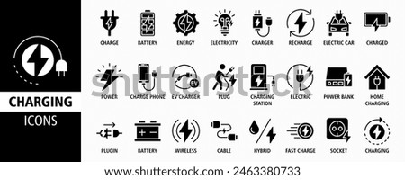 Charging web banner icon set Vector illustration. Containing charge, battery, energy, electricity, charger, recharge, electric car and charging station icons. Solid icon collection.