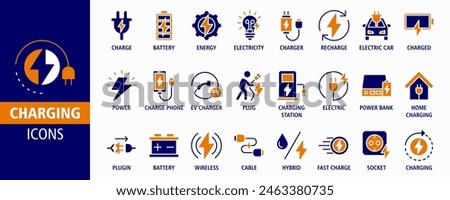 Charging web banner icon set Vector illustration. Containing charge, battery, energy, electricity, charger, recharge, electric car and charging station icons. Solid icon collection.