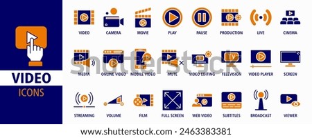 Video web banner icon set vector illustration. Containing camera, play, pause, media, online video, live, production, player, movie and cinema icons. Solid icon collection.