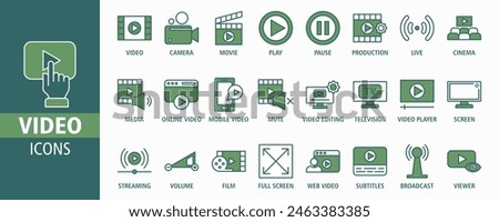 Video web banner icon set vector illustration. Containing camera, play, pause, media, online video, live, production, player, movie and cinema icons. Solid icon collection.