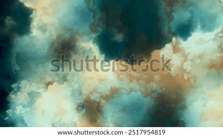 Blue-green and white watercolor background with abstract cloudy sky. Gray white and blue-green gradient watercolor background design.	