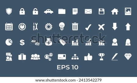 Collection of business icon. Up trend down trend male female user dollar sign symbol coin setting shield lock login car picture calendar first prize shutdown conversation briefcase icon logo Eps 10.