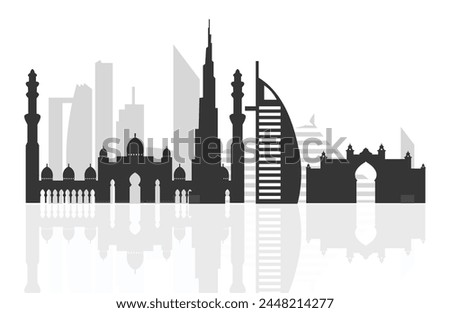 New Dubai skyline, UAE Urban cityscape, United Arab Emirates skyscraper buildings with vector silhouette and official flag eps file isolated on white background