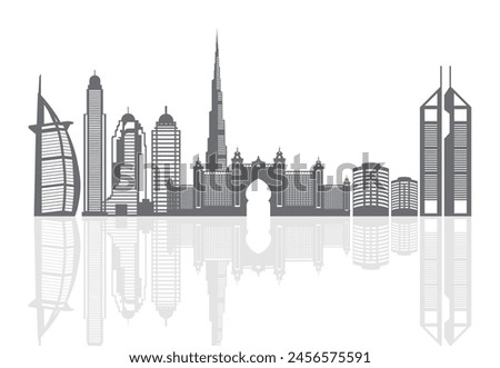 New Dubai skyline, UAE Urban cityscape, United Arab Emirates skyscraper buildings with vector silhouette and official flag eps file isolated on white background