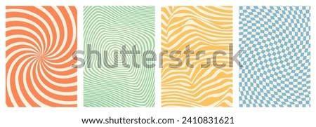 Twisted and distorted vector groovy hippie background. Waves, swirl, twirl pattern. Set of backgrounds in trendy retro psychedelic style. Vector illustration