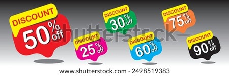 Discount buy now label pop-up banner  with different sale percentage. 25, 30, 60, 50, 75,  90 percent off price reduction badge promotion