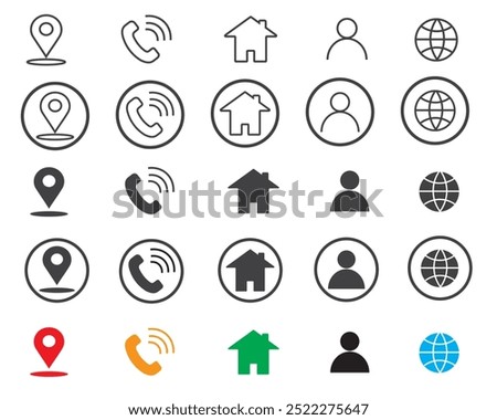 5 Style Contact information Icon in Vector Format , all are 25 icons, black and white icons, phone, call, location, home, website icons, person, icon collections, color contact icons