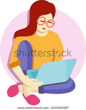 Young Woman Looking Laptop Illustration