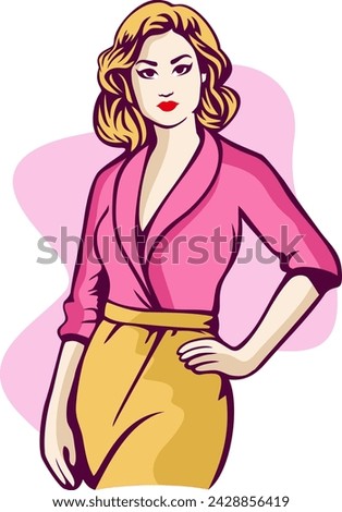 This illustration showcases a beautiful and fashionable woman exuding confidence and style. 