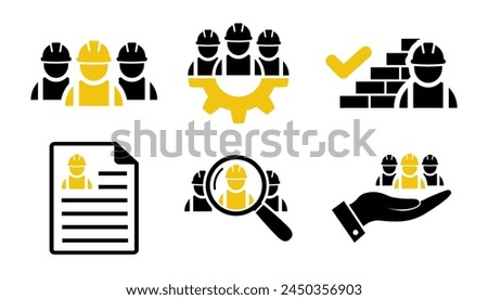Good job of construction worker symbol. Building contractor icon set in flat. Search, resume, brick wall, check mark icons. Approved work Builders icons in black Vector illustration for graphic design
