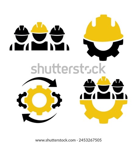 Construction Workers Icon Set In Flat. Building Contractor Symbol On White. Industrial Workers With Gear