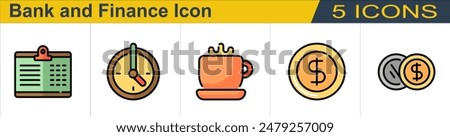 Bank and Finance Icon - Clipboard, Clock, Coffee Cup, Coin, Coins