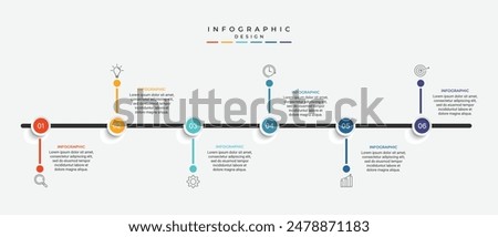 business infographic design with 6 parts or steps, containing icons, text, numbers