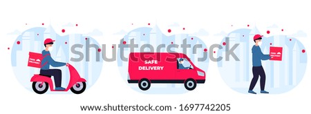 COVID-19. Coronavirus epidemic. Delivery service. Courier in protective masks deliver goods and food on a car, motorcycle to people in quarantine. Stay home concept