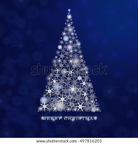 Christmas tree from snowflakes vector background. Greeting card beautiful, shiny Christmas tree on a blue background. Vector illustration.